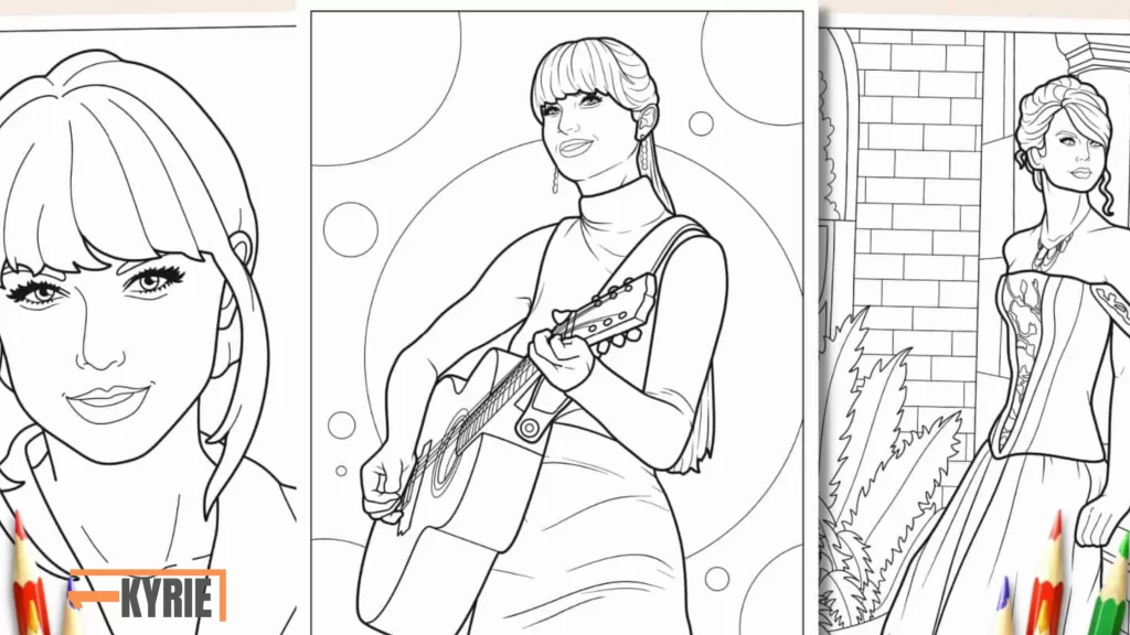 Taylor Swift coloring pages showing three different line art images of Taylor Swift: one close-up portrait, one playing guitar, and another in a gown, ready for coloring with colored pencils.