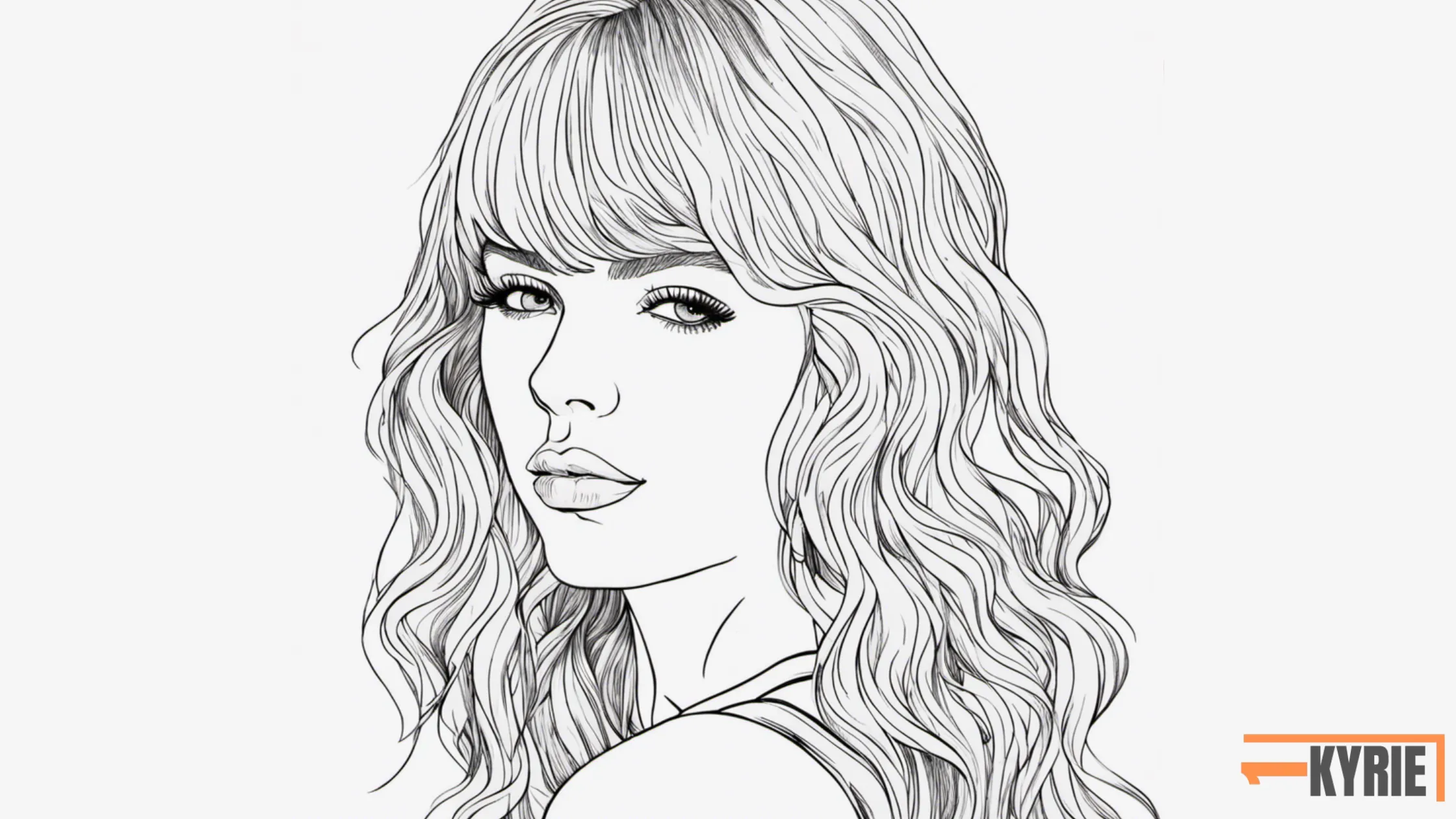 Taylor Swift coloring pages featuring a detailed line drawing of Taylor Swift with wavy hair, gazing over her shoulder, ideal for coloring activities.