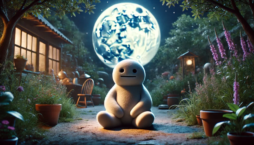 Makka Pakka sitting peacefully under the moonlight in a calm garden, reflecting his innocence amidst the Makka Pakka Death rumor.