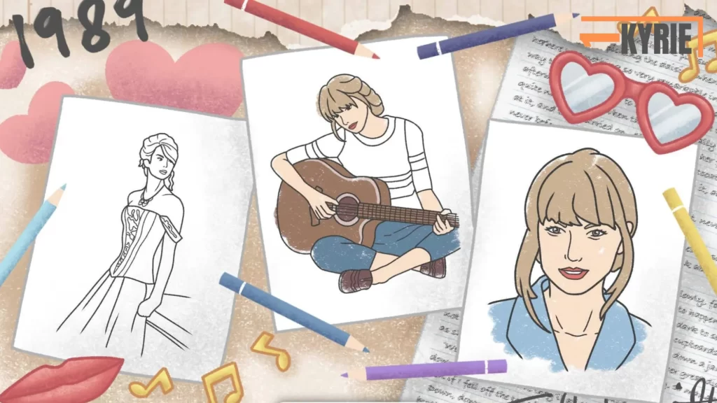 Taylor Swift Coloring Pages showing various hand-drawn illustrations of Taylor Swift, including her with a guitar and wearing a dress.