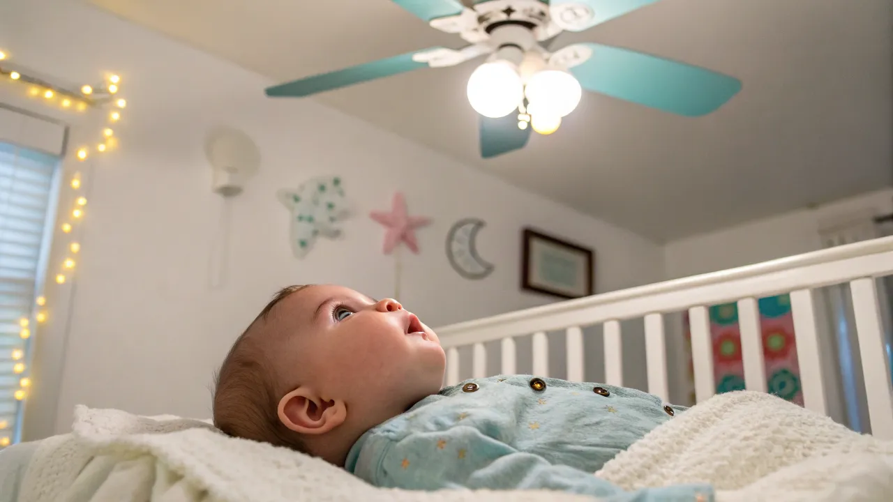 Baby gazing at a spinning ceiling fan with bright lights from a crib.