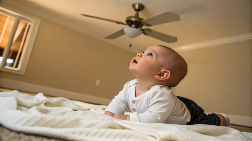 Baby staring at a ceiling fan with curiosity while lying on a bed.