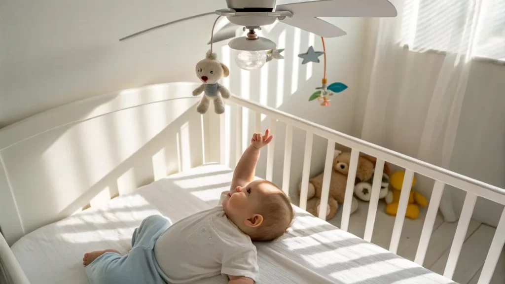 Baby reaching toward a ceiling fan with toys attached above the crib.