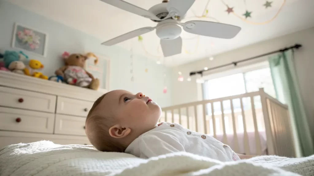 Baby observing a ceiling fan in a decorated nursery room.