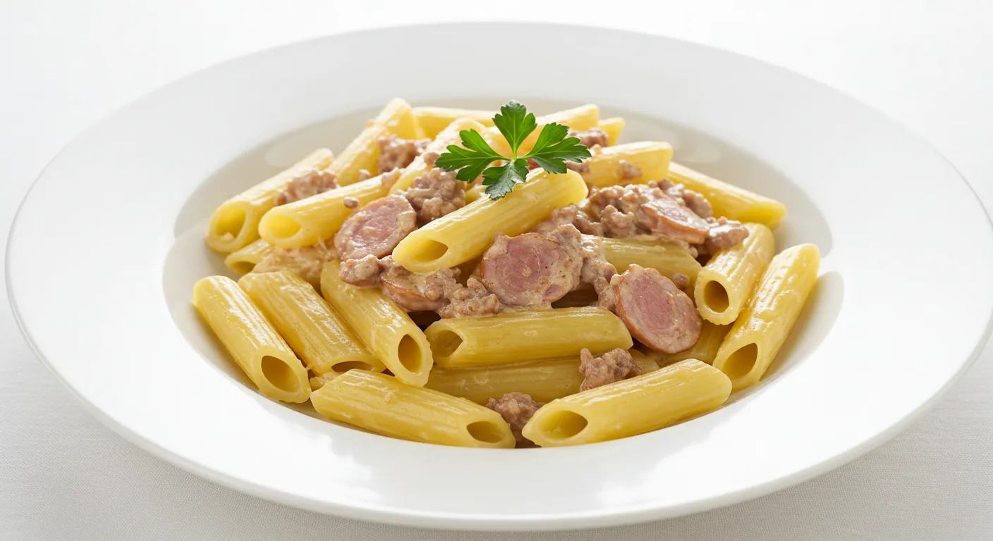 A plate of rigatoni alla grassa with sausage and creamy sauce, garnished with parsley.