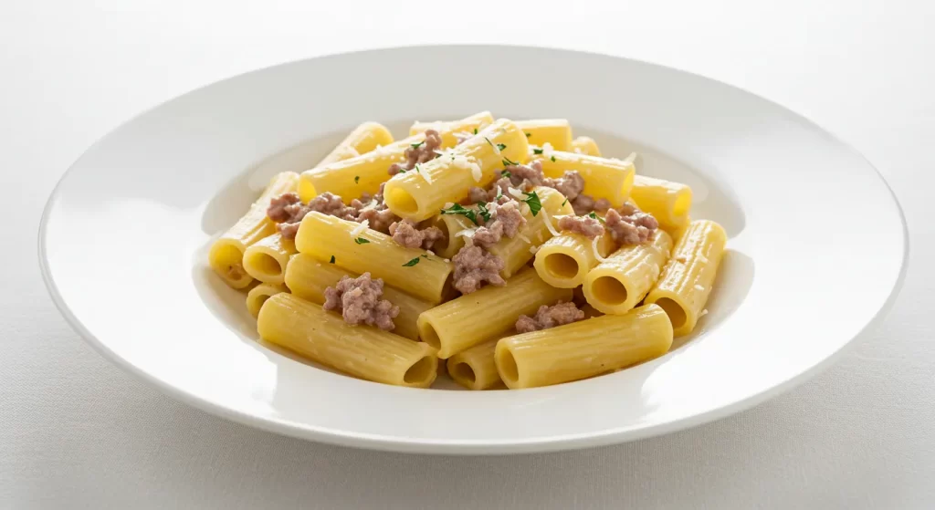 Rigatoni alla grassa pasta with seasoned meat sauce and fresh parsley on top.