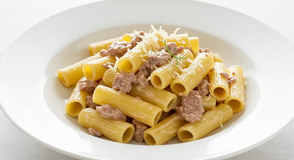 A close-up of rigatoni alla grassa with sausage in a creamy sauce, perfect for a hearty meal.