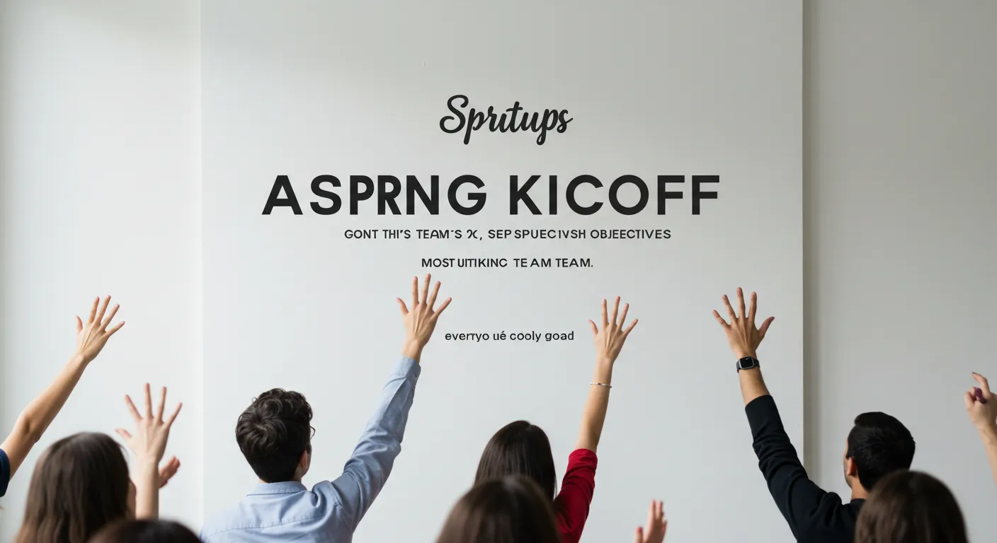 Team at a Spring Kickoff event raising hands in support of new startup goals.