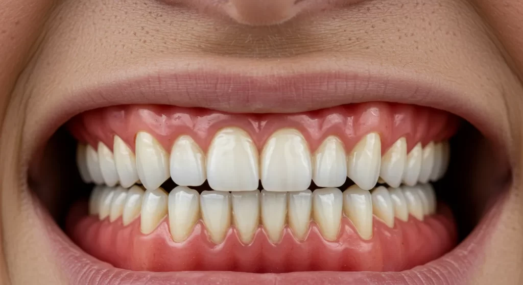 Denture model with gums and teeth, explaining why dentures shorten your life and the effects of long-term wear.