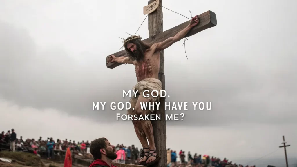 Crucifixion scene with Jesus suffering under dark skies, text overlay: "Why have you abandoned me?