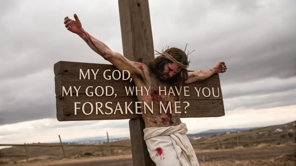 Bloodied Jesus nailed to a wooden cross, arms outstretched, with the phrase "My God, why have you abandoned me?