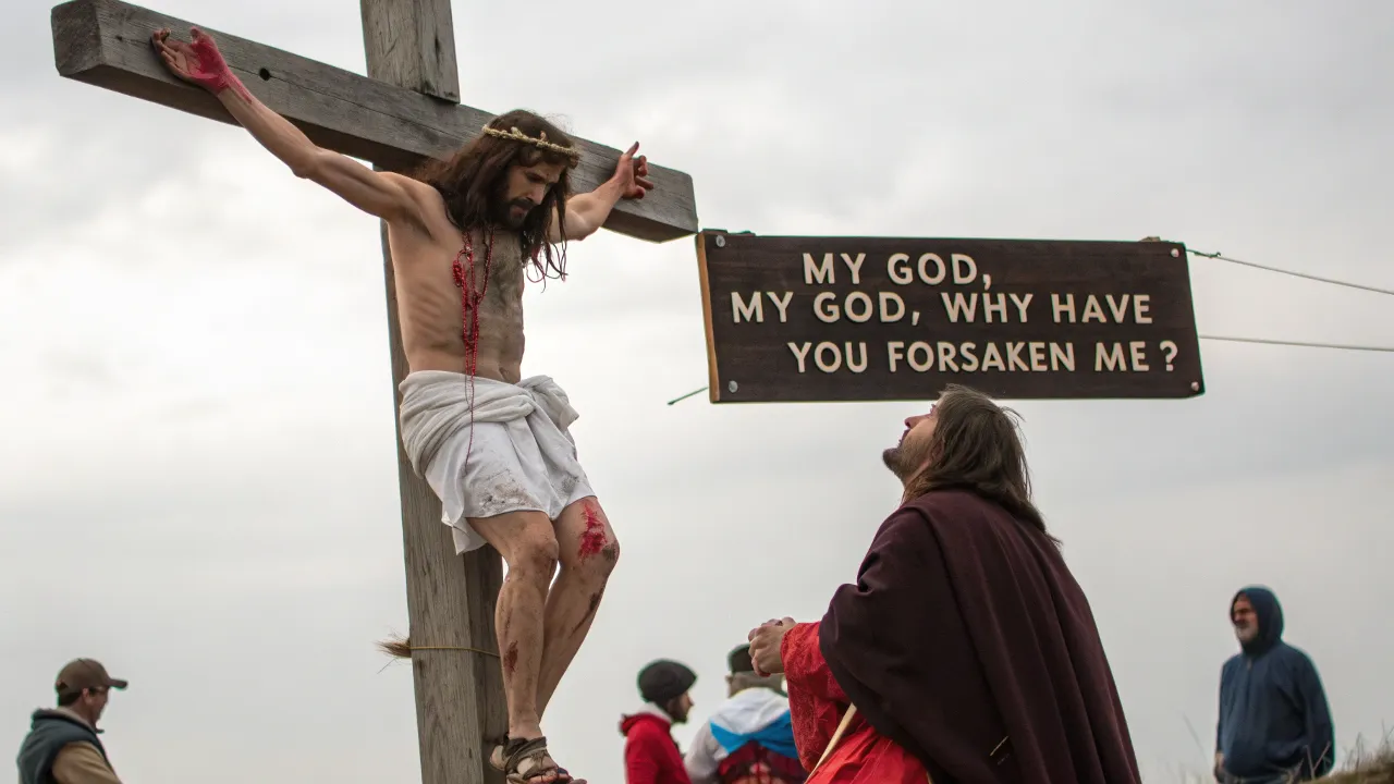 Jesus on the cross with a crown of thorns, bleeding, with a sign reading "My God, My God, why have you abandoned me?