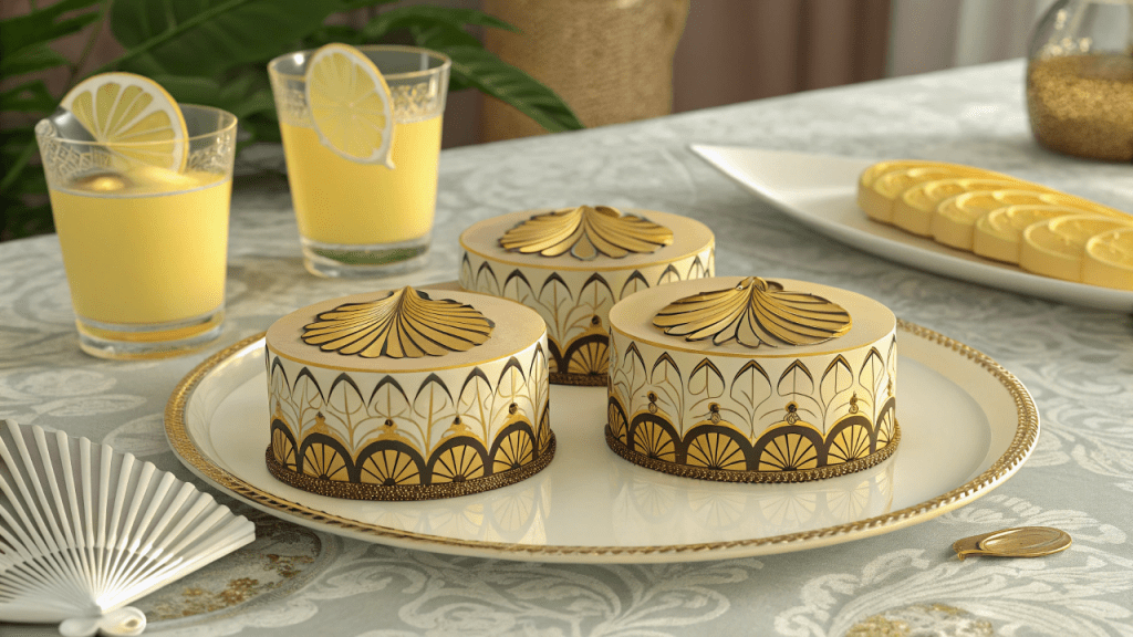 Gatsby lemon cakes & drinks, elegant dessert display.