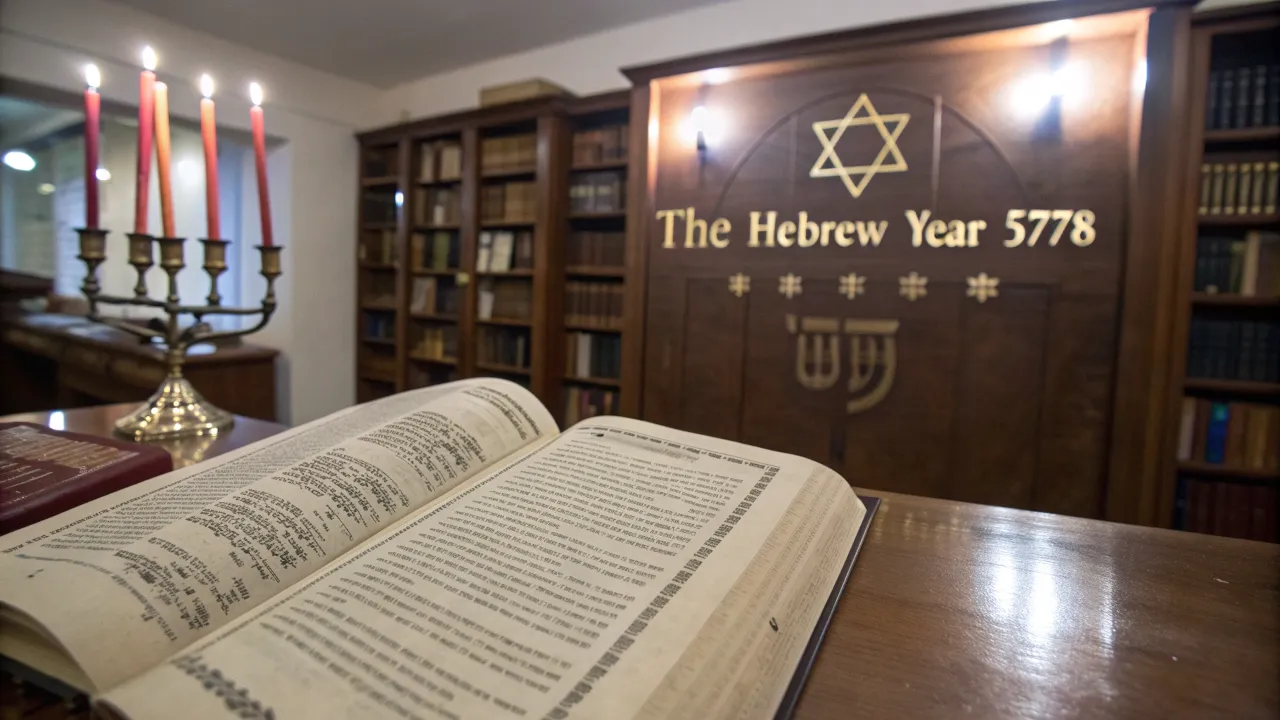 Open Hebrew book with menorah, "The Hebrew Year 5778" sign in the background.