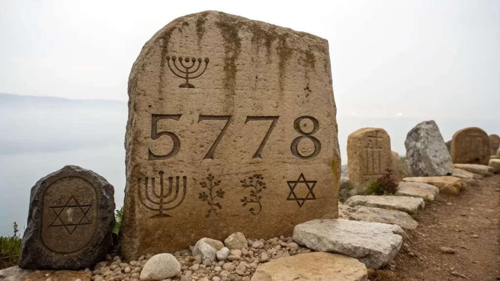 Stone with engraved "5778," menorahs, and Jewish symbols by a rocky path.