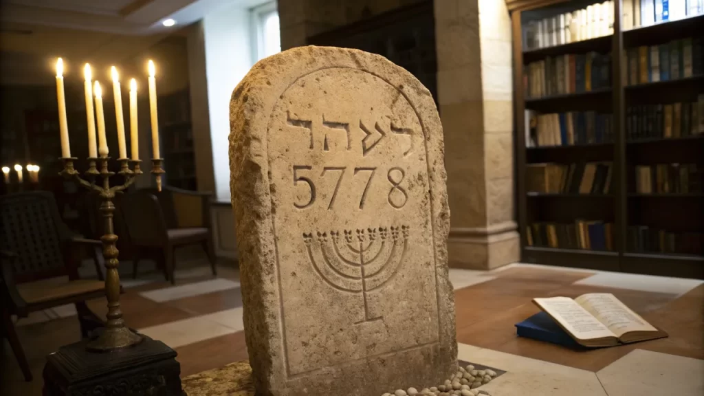 Indoor stone marker with "5778," menorah carving, and Hebrew text, surrounded by books.