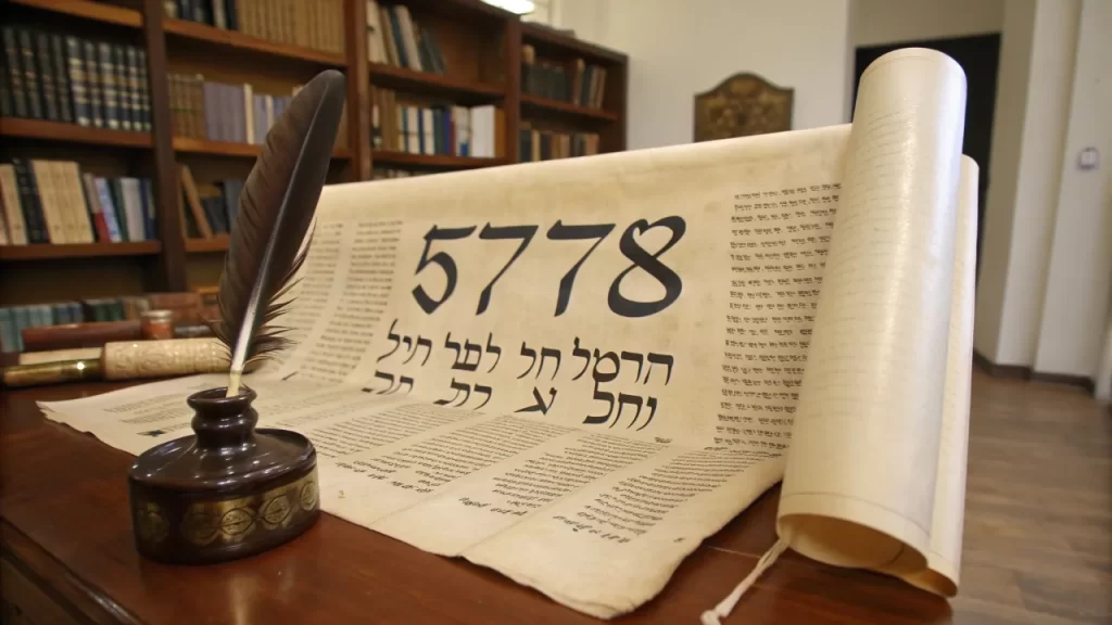 Scroll with "5778" and Hebrew script, next to ink and quill on a wooden table.