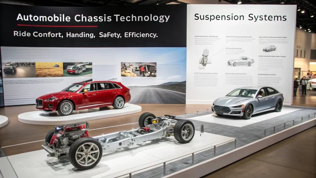 Chassis tech and suspension exhibit with cars highlighting safety, comfort, and efficiency improvements.