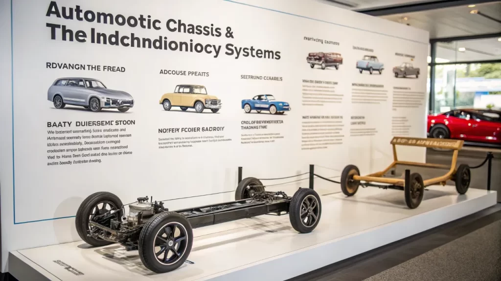 Chassis tech and suspension evolution with vintage and modern frames showcasing technological progress.