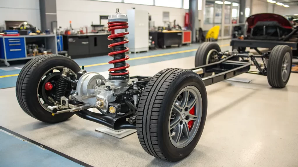 Close-up of suspension system in chassis tech, focusing on spring, tires, and stability components.