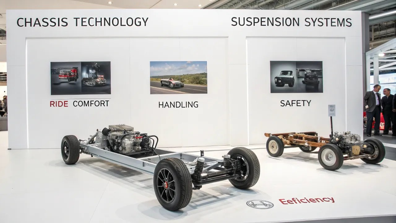 Modern chassis tech and suspension display with frame, engine, and advanced ride comfort and handling visuals.